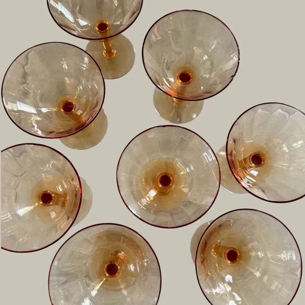 Vintage Amber Glass Champagne Coupes Optic Rib Martini Glasses Set of 8 Decor